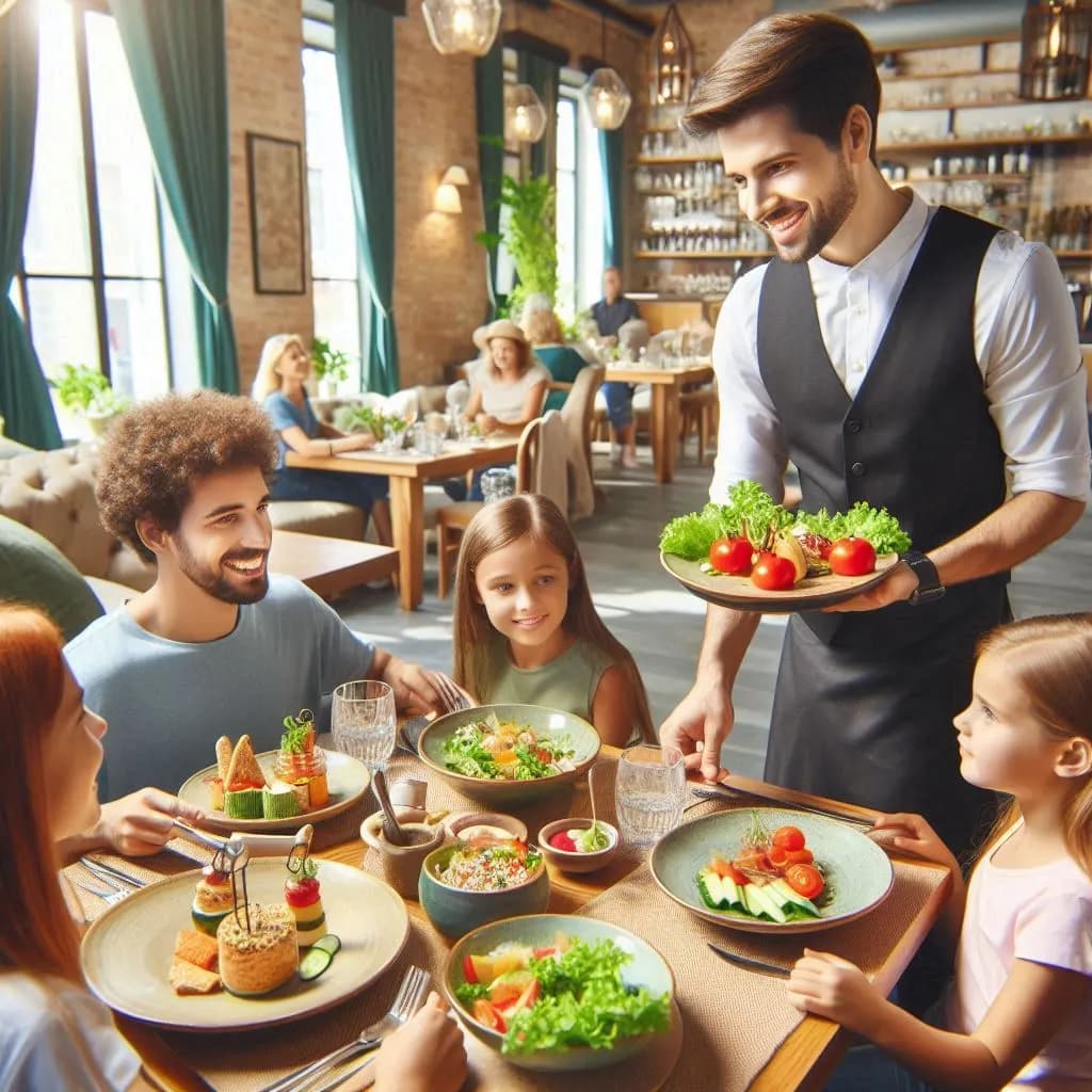 waiter serving food to family in a restaurant