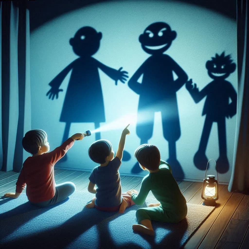 Kids play shadow puppets with flashlights