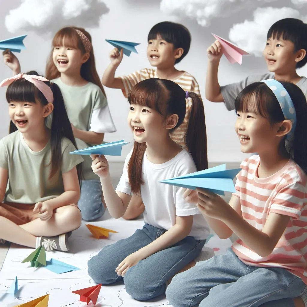 Kids play paper airplane competition