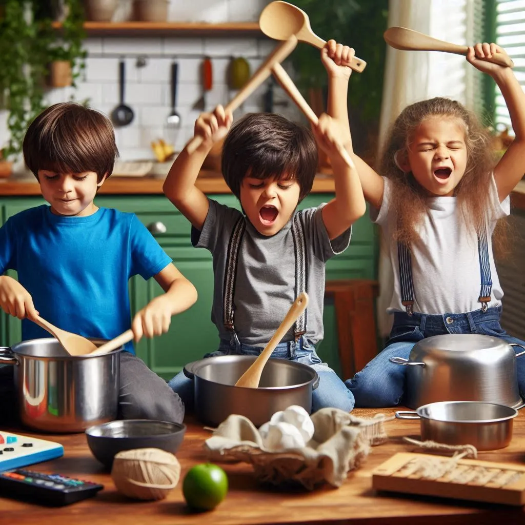 Kids play music on kitchen ware